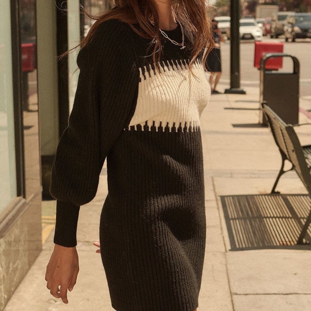 Women's Black Round Neck Colorblock Relaxed Fit Ribbed Knit Sweater Mini Dress